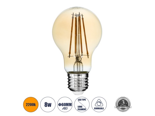 GLOBOSTAR® GLOBE 99037 Λάμπα E27 A60 LED 8W 720lm 360° AC 220-240V IP20 Ultra Θερμό Λευκό 2200K Dimmable - Long Filament Chip - Μελί - Μ6 x Π6 x Υ10.5cm - 3 Χρόνια Εγγύηση