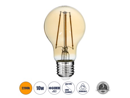 GLOBOSTAR® GLOBE 99038 Λάμπα E27 A60 LED 10W 900lm 360° AC 220-240V IP20 Ultra Θερμό Λευκό 2200K Dimmable - Long Filament Chip - Μελί - Μ6 x Π6 x Υ10.5cm - 3 Χρόνια Εγγύηση