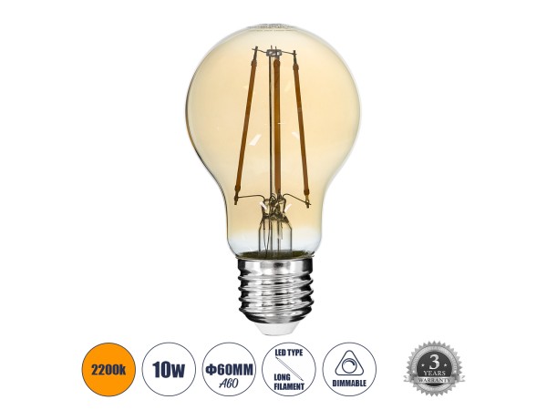 GLOBOSTAR® GLOBE 99038 Λάμπα E27 A60 LED 10W 900lm 360° AC 220-240V IP20 Ultra Θερμό Λευκό 2200K Dimmable - Long Filament Chip - Μελί - Μ6 x Π6 x Υ10.5cm - 3 Χρόνια Εγγύηση