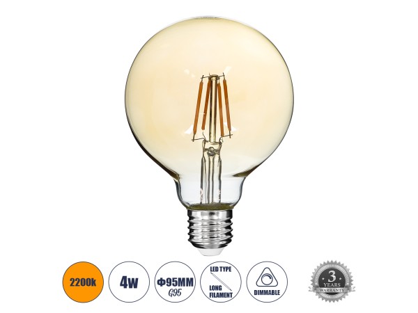 GLOBOSTAR® BUBBLE 99039 Λάμπα E27 G95 LED 4W 350lm 360° AC 220-240V IP20 Ultra Θερμό Λευκό 2200K Dimmable - Long Filament Chip - Μελί - Μ9.5 x Π9.5 x Υ13.7cm - 3 Χρόνια Εγγύηση