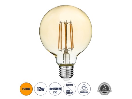 GLOBOSTAR® BUBBLE 99041 Λάμπα E27 G95 LED 12W 1080lm 360° AC 220-240V IP20 Ultra Θερμό Λευκό 2200K Dimmable - Long Filament Chip - Μελί - Μ9.5 x Π9.5 x Υ13.7cm - 3 Χρόνια Εγγύηση