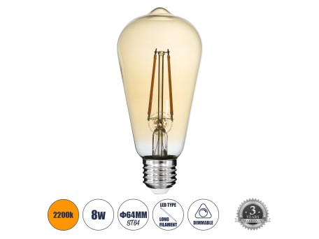 GLOBOSTAR® PEAR 99046 Λάμπα E27 ST64 LED 8W 720lm 360° AC 220-240V IP20 Ultra Θερμό Λευκό 2200K Dimmable - Long Filament Chip - Μελί - Μ6.4 x Π6.4 x Υ14cm - 3 Χρόνια Εγγύηση