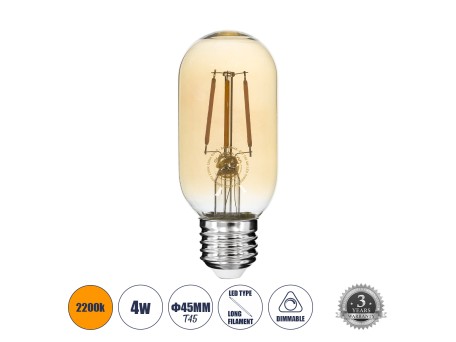 GLOBOSTAR® TUBIS 99048 Λάμπα Σωλήνας E27 T45 LED 4W 350lm 360° AC 220-240V IP20 Ultra Θερμό Λευκό 2200K Dimmable - Long Filament Chip - Μελί - Μ4.5 x Π4.5 x Υ11cm - 3 Χρόνια Εγγύηση