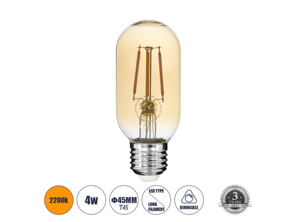 GLOBOSTAR® TUBIS 99048 Λάμπα Σωλήνας E27 T45 LED 4W 350lm 360° AC 220-240V IP20 Ultra Θερμό Λευκό 2200K Dimmable - Long Filament Chip - Μελί - Μ4.5 x Π4.5 x Υ11cm - 3 Χρόνια Εγγύηση