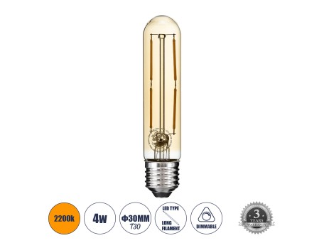 GLOBOSTAR® TUBIS 99049 Λάμπα Σωλήνας E27 T30 LED 4W 350lm 360° AC 220-240V IP20 Ultra Θερμό Λευκό 2200K Dimmable - Long Filament Chip - Μελί - Μ3 x Π3 x Υ13.5cm - 3 Χρόνια Εγγύηση