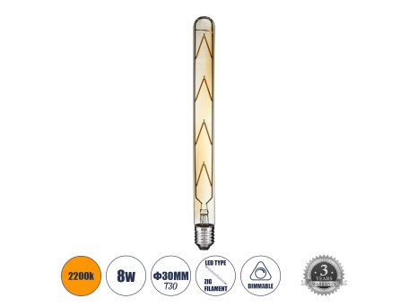 GLOBOSTAR® TUBIS 99050 Λάμπα Σωλήνας E27 T30 LED 8W 720lm 360° AC 220-240V IP20 Ultra Θερμό Λευκό 2200K Dimmable - Long Filament Chip - Μελί - Μ3 x Π3 x Υ30cm - 3 Χρόνια Εγγύηση