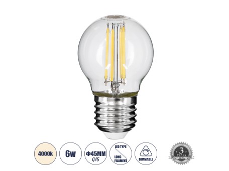 GLOBOSTAR® SPHERE 99052 Λάμπα E27 G45 LED 6W 660lm 360° AC 220-240V IP20 Φυσικό Λευκό 4500K Dimmable - Long Filament Chip -Διάφανο - Μ4.5 x Π4.5 x Υ7.5cm - 3 Χρόνια Εγγύηση