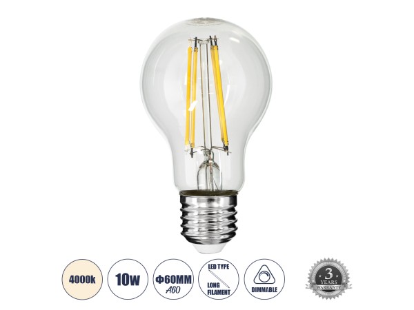 GLOBOSTAR® GLOBE 99053 Λάμπα E27 A60 LED 10W 1100lm 360° AC 220-240V IP20 Φυσικό Λευκό 4500K Dimmable - Long Filament Chip - Διάφανο - Μ6 x Π6 x Υ10.5cm - 3 Χρόνια Εγγύηση