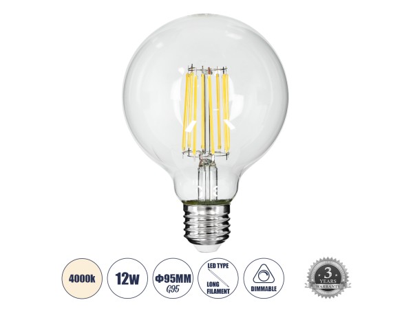 GLOBOSTAR® BUBBLE 99054 Λάμπα E27 G95 LED 12W 1320lm 360° AC 220-240V IP20 Φυσικό Λευκό 4500K Dimmable - Long Filament Chip - Διάφανο - Μ9.5 x Π9.5 x Υ13.5cm - 3 Χρόνια Εγγύηση