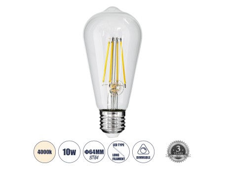 GLOBOSTAR® PEAR 99056 Λάμπα E27 ST64 LED 10W 1100lm 360° AC 220-240V IP20 Φυσικό Λευκό 4500K Dimmable - Long Filament Chip - Διάφανο - Μ6.4 x Π6.4 x Υ14cm - 3 Χρόνια Εγγύηση