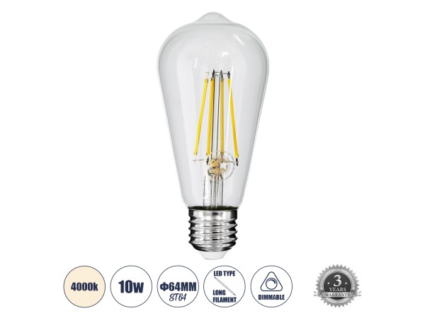 GLOBOSTAR® PEAR 99056 Λάμπα E27 ST64 LED 10W 1100lm 360° AC 220-240V IP20 Φυσικό Λευκό 4500K Dimmable - Long Filament Chip - Διάφανο - Μ6.4 x Π6.4 x Υ14cm - 3 Χρόνια Εγγύηση