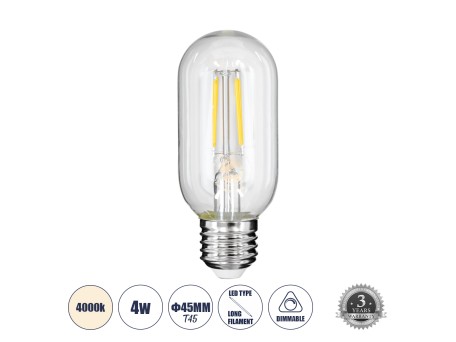 GLOBOSTAR® TUBIS 99057 Λάμπα Σωλήνας E27 T45 LED 4W 440lm 360° AC 220-240V IP20 Φυσικό Λευκό 4500K Dimmable - Long Filament Chip - Διάφανο - Μ4.5 x Π4.5 x Υ11cm - 3 Χρόνια Εγγύηση