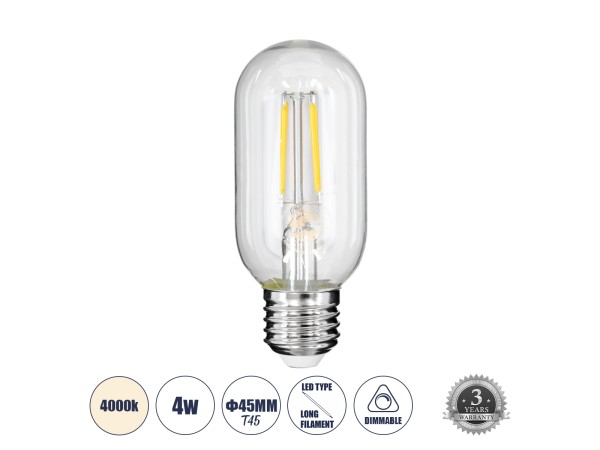 GLOBOSTAR® TUBIS 99057 Λάμπα Σωλήνας E27 T45 LED 4W 440lm 360° AC 220-240V IP20 Φυσικό Λευκό 4500K Dimmable - Long Filament Chip - Διάφανο - Μ4.5 x Π4.5 x Υ11cm - 3 Χρόνια Εγγύηση GLOBOSTAR® TUBIS 99057 Λάμπα Σωλήνας E27 T45 LED 4W 440lm 360° AC 220-240V IP20 Φυσικό Λευκό 4500K Dimmable - Long Filament Chip - Διάφανο - Μ4.5 x Π4.5 x Υ11cm - 3 Χρόνια Εγγύηση