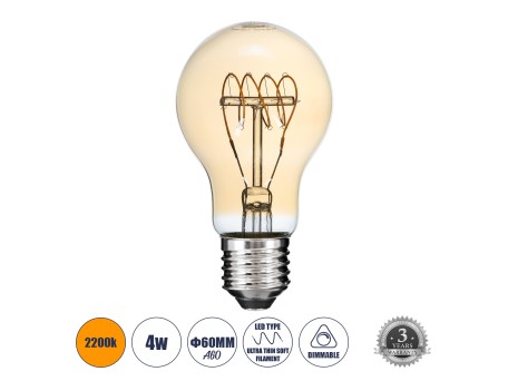 GLOBOSTAR® GLOBE 99059 Λάμπα E27 A60 LED 4W 280lm 360° AC 220-240V IP20 Ultra Θερμό Λευκό 2200K Dimmable - Ultra Thin Soft T Spiral Filament Chip - Μελί - Μ6 x Π6 x Υ10.5cm - 3 Χρόνια Εγγύηση