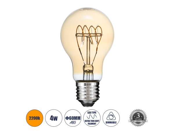 GLOBOSTAR® GLOBE 99059 Λάμπα E27 A60 LED 4W 280lm 360° AC 220-240V IP20 Ultra Θερμό Λευκό 2200K Dimmable - Ultra Thin Soft T Spiral Filament Chip - Μελί - Μ6 x Π6 x Υ10.5cm - 3 Χρόνια Εγγύηση