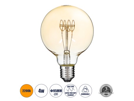 GLOBOSTAR® BUBBLE 99060 Λάμπα E27 G95 LED 4W 280lm 360° AC 220-240V IP20 Ultra Θερμό Λευκό 2200K Dimmable - Ultra Thin Soft Τ Spiral Filament Chip - Μελί - Μ9.5 x Π9.5 x Υ13.5cm - 3 Χρόνια Εγγύηση