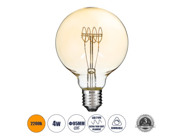 GLOBOSTAR® BUBBLE 99060 Λάμπα E27 G95 LED 4W 280lm 360° AC 220-240V IP20 Ultra Θερμό Λευκό 2200K Dimmable - Ultra Thin Soft Τ Spiral Filament Chip - Μελί - Μ9.5 x Π9.5 x Υ13.5cm - 3 Χρόνια Εγγύηση