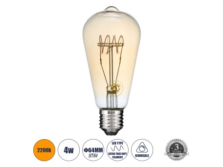 GLOBOSTAR® PEAR 99082 Λάμπα E27 ST64 LED 4W 280lm 360° AC 220-240V IP20 Ultra Θερμό Λευκό 2200K Dimmable - Ultra Thin Soft T Spiral Filament Chip - Μελί - Μ6.4 x Π6.4 x Υ14cm - 3 Χρόνια Εγγύηση