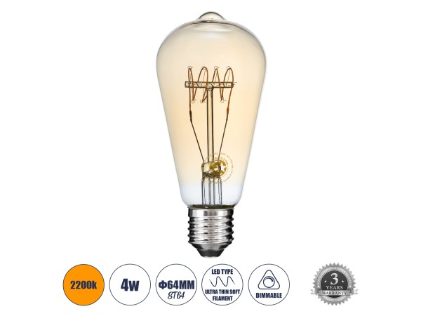 GLOBOSTAR® PEAR 99082 Λάμπα E27 ST64 LED 4W 280lm 360° AC 220-240V IP20 Ultra Θερμό Λευκό 2200K Dimmable - Ultra Thin Soft T Spiral Filament Chip - Μελί - Μ6.4 x Π6.4 x Υ14cm - 3 Χρόνια Εγγύηση