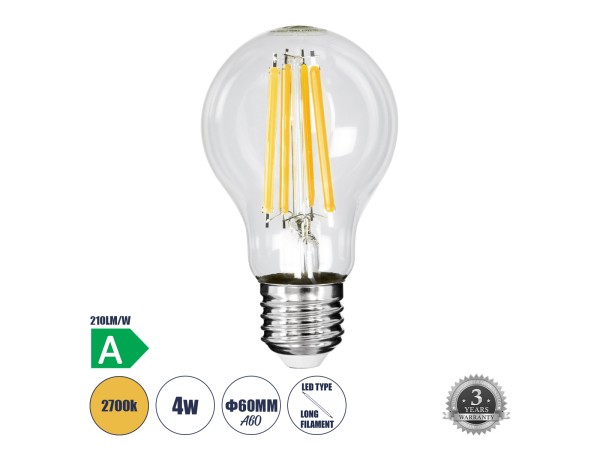 GLOBOSTAR® GLOBE 99083 Λάμπα E27 A60 LED 4W 840lm 360° AC 220-240V IP20 Θερμό Λευκό 2700K - Long Filament Chip - Διάφανο - Μ6 x Π6 x Υ11cm - 3 Χρόνια Εγγύηση