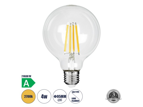 GLOBOSTAR® BUBBLE 99084 Λάμπα E27 G95 LED 4W 840lm 360° AC 220-240V IP20 Θερμό Λευκό 2700K - Long Filament Chip - Διάφανο - Μ9.5 x Π9.5 x Υ13.8cm - 3 Χρόνια Εγγύηση