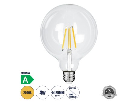 GLOBOSTAR® BUBBLE 99085 Λάμπα E27 G125 LED 4W 840lm 360° AC 220-240V IP20 Θερμό Λευκό 2700K - Long Filament Chip - Διάφανο - Μ12.5 x Π12.5 x Υ13.8cm - 3 Χρόνια Εγγύηση