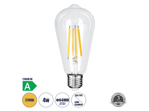 GLOBOSTAR® PEAR 99086 Λάμπα E27 ST64 LED 4W 840lm 360° AC 220-240V IP20 Θερμό Λευκό 2700K - Long Filament Chip - Διάφανο - Μ6.4 x Π6.4 x Υ14.5cm - 3 Χρόνια Εγγύηση