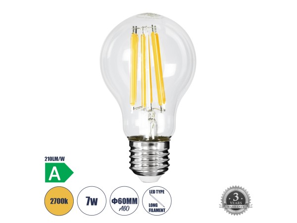 GLOBOSTAR® GLOBE 99087 Λάμπα E27 A60 LED 7W 1470lm 360° AC 220-240V IP20 Θερμό Λευκό 2700K - Long Filament Chip - Διάφανο - Μ6 x Π6 x Υ11cm - 3 Χρόνια Εγγύηση