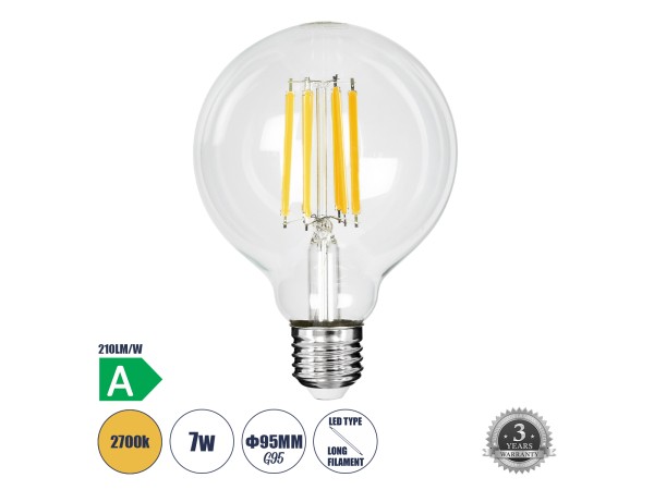 GLOBOSTAR® BUBBLE 99088 Λάμπα E27 G95 LED 7W 1470lm 360° AC 220-240V IP20 Θερμό Λευκό 2700K - Long Filament Chip - Διάφανο - Μ9.5 x Π9.5 x Υ13.8cm - 3 Χρόνια Εγγύηση