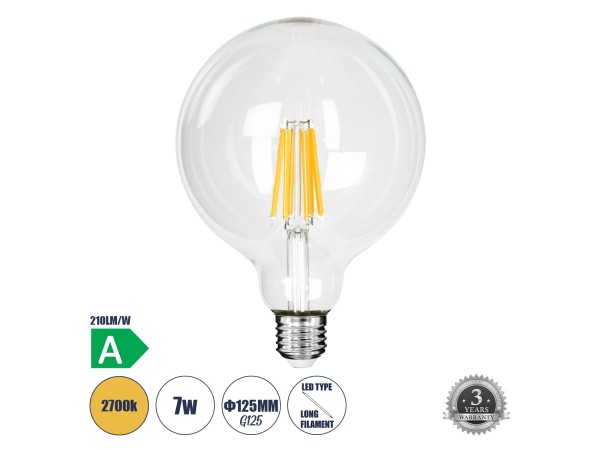 GLOBOSTAR® BUBBLE 99089 Λάμπα E27 G125 LED 7W 1470lm 360° AC 220-240V IP20 Θερμό Λευκό 2700K - Long Filament Chip - Διάφανο - Μ12.5 x Π12.5 x Υ13.8cm - 3 Χρόνια Εγγύηση