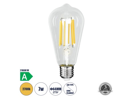 GLOBOSTAR® PEAR 99090 Λάμπα E27 ST64 LED 7W 1470lm 360° AC 220-240V IP20 Θερμό Λευκό 2700K - Long Filament Chip - Διάφανο - Μ6.4 x Π6.4 x Υ14.5cm - 3 Χρόνια Εγγύηση