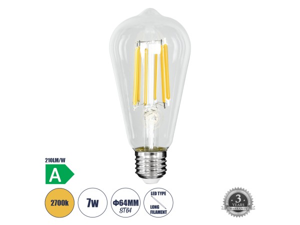 GLOBOSTAR® PEAR 99090 Λάμπα E27 ST64 LED 7W 1470lm 360° AC 220-240V IP20 Θερμό Λευκό 2700K - Long Filament Chip - Διάφανο - Μ6.4 x Π6.4 x Υ14.5cm - 3 Χρόνια Εγγύηση