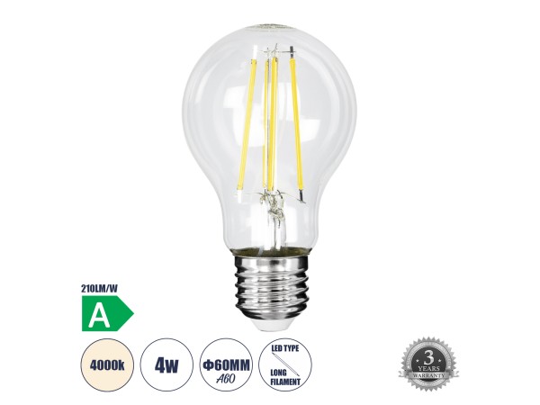 GLOBOSTAR® GLOBE 99091 Λάμπα E27 A60 LED 4W 840lm 360° AC 220-240V IP20 Φυσικό Λευκό 4500K - Long Filament Chip - Διάφανο - Μ6 x Π6 x Υ11cm - 3 Χρόνια Εγγύηση