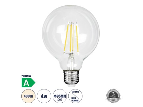 GLOBOSTAR® BUBBLE 99092 Λάμπα E27 G95 LED 4W 840lm 360° AC 220-240V IP20 Φυσικό Λευκό 4500K - Filament Chip - Διάφανο - Μ9.5 x Π9.5 x Υ13.8cm - 3 Χρόνια Εγγύηση