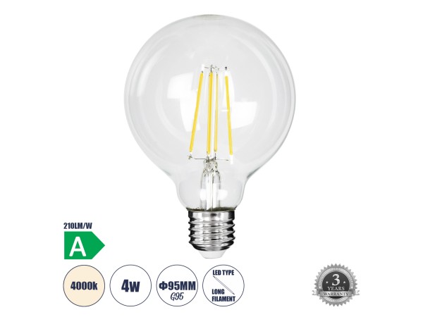 GLOBOSTAR® BUBBLE 99092 Λάμπα E27 G95 LED 4W 840lm 360° AC 220-240V IP20 Φυσικό Λευκό 4500K - Filament Chip - Διάφανο - Μ9.5 x Π9.5 x Υ13.8cm - 3 Χρόνια Εγγύηση GLOBOSTAR® BUBBLE 99092 Λάμπα E27 G95 LED 4W 840lm 360° AC 220-240V IP20 Φυσικό Λευκό 4500K - Filament Chip - Διάφανο - Μ9.5 x Π9.5 x Υ13.8cm - 3 Χρόνια Εγγύηση