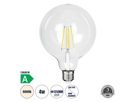 GLOBOSTAR® BUBBLE 99093 Λάμπα E27 G125 LED 4W 840lm 360° AC 220-240V IP20 Φυσικό Λευκό 4500K - Long Filament Chip - Διάφανο - Μ12.5 x Π12.5 x Υ13.8cm - 3 Χρόνια Εγγύηση