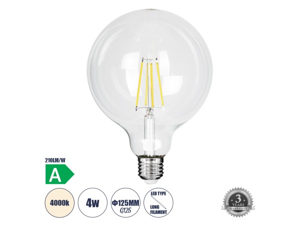 GLOBOSTAR® BUBBLE 99093 Λάμπα E27 G125 LED 4W 840lm 360° AC 220-240V IP20 Φυσικό Λευκό 4500K - Long Filament Chip - Διάφανο - Μ12.5 x Π12.5 x Υ13.8cm - 3 Χρόνια Εγγύηση