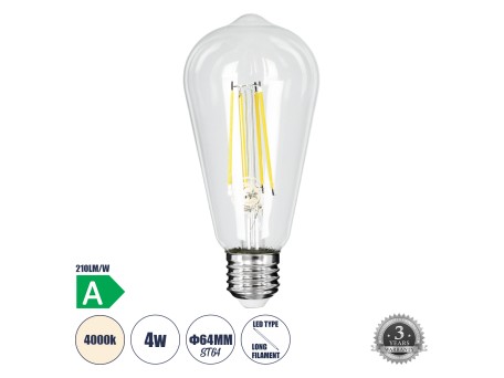 GLOBOSTAR® PEAR 99094 Λάμπα E27 ST64 LED 4W 840lm 360° AC 220-240V IP20 Φυσικό Λευκό 4500K - Long Filament Chip - Διάφανο - Μ6.4 x Π6.4 x Υ14.5cm - 3 Χρόνια Εγγύηση