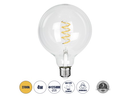 GLOBOSTAR® BUBBLE 99137 Λάμπα E27 G125 LED 4W 300lm 360° AC 220-240V IP20 Θερμό Λευκό 2700K Dimmable - Soft S Spiral Filament Chip - Διάφανο - Μ12.5 x Π12.5 x Υ18cm - 3 Χρόνια Εγγύηση