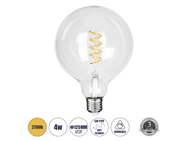 GLOBOSTAR® BUBBLE 99137 Λάμπα E27 G125 LED 4W 300lm 360° AC 220-240V IP20 Θερμό Λευκό 2700K Dimmable - Soft S Spiral Filament Chip - Διάφανο - Μ12.5 x Π12.5 x Υ18cm - 3 Χρόνια Εγγύηση