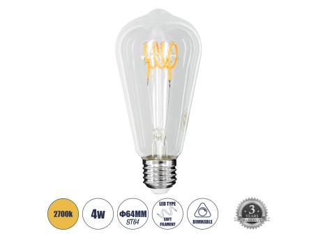 GLOBOSTAR® PEAR 99140 Λάμπα E27 ST64 LED 4W 300lm 360° AC 220-240V IP20 Θερμό Λευκό 2700K Dimmable - Soft T Spiral Filament Chip - Διάφανο - Μ6.4 x Π6.4 x Υ14cm - 3 Χρόνια Εγγύηση