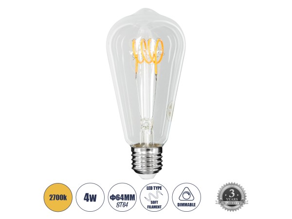 GLOBOSTAR® PEAR 99140 Λάμπα E27 ST64 LED 4W 300lm 360° AC 220-240V IP20 Θερμό Λευκό 2700K Dimmable - Soft T Spiral Filament Chip - Διάφανο - Μ6.4 x Π6.4 x Υ14cm - 3 Χρόνια Εγγύηση