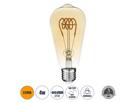 GLOBOSTAR® PEAR 99141 Λάμπα E27 ST64 LED 4W 280lm 360° AC 220-240V IP20 Ultra Θερμό Λευκό 2200K Dimmable - Soft T Spiral Filament Chip - Μελί - Μ6.4 x Π6.4 x Υ14cm - 3 Χρόνια Εγγύηση