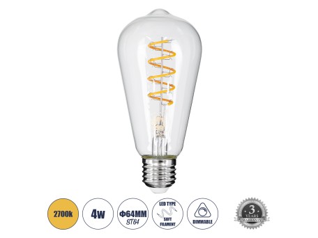 GLOBOSTAR® PEAR 99143 Λάμπα E27 ST64 LED 4W 300lm 360° AC 220-240V IP20 Θερμό Λευκό 2700K Dimmable - Soft S Spiral Filament Chip - Διάφανο - Μ6.4 x Π6.4 x Υ14cm - 3 Χρόνια Εγγύηση
