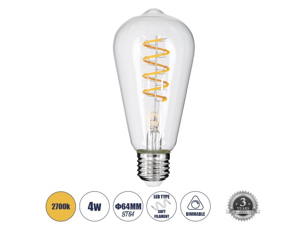 GLOBOSTAR® PEAR 99143 Λάμπα E27 ST64 LED 4W 300lm 360° AC 220-240V IP20 Θερμό Λευκό 2700K Dimmable - Soft S Spiral Filament Chip - Διάφανο - Μ6.4 x Π6.4 x Υ14cm - 3 Χρόνια Εγγύηση