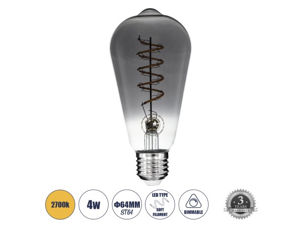 GLOBOSTAR® PEAR 99145 Λάμπα E27 ST64 LED 4W 280lm 360° AC 220-240V IP20 Θερμό Λευκό 2700K Dimmable - Soft S Spiral Filament Chip - Μαύρο Φιμέ - Μ6.4 x Π6.4 x Υ14cm - 3 Χρόνια Εγγύηση