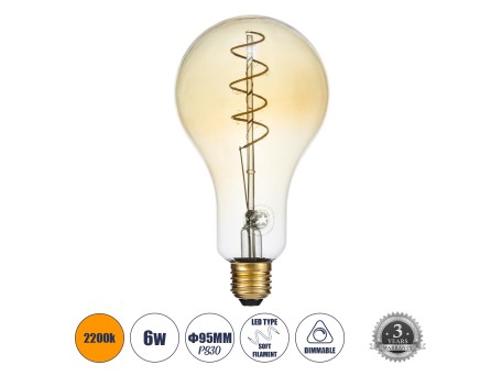 GLOBOSTAR® CHERRY 99164 Λάμπα E27 PS30 LED 4W 280lm 360° AC 220-240V IP20 Ultra Θερμό Λευκό 2200K Dimmable - Soft S Spiral Filament Chip - Μελί - Μ9.5 x Π9.5 x Υ17.5cm - 3 Χρόνια Εγγύηση