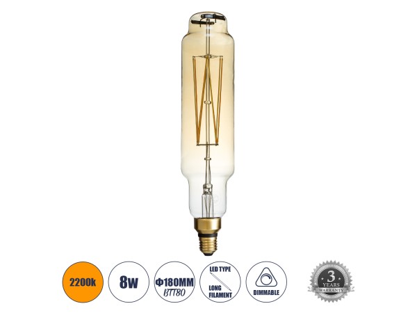 GLOBOSTAR® BANANAS 99168 Λάμπα E27 BTT80 LED 8W 720lm 360° AC 220-240V IP20 Ultra Θερμό Λευκό 2200K Dimmable - Long Filament Chip - Μελί - Μ7.8 x Π7.8 x Υ34.5cm - 3 Χρόνια Εγγύηση