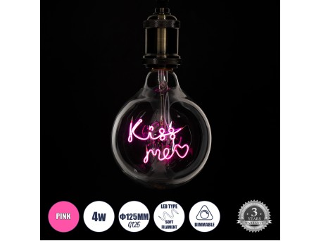 GLOBOSTAR® KISS ME 99256 Λάμπα E27 G125 LED 4W 340lm 360° AC 220-240V IP20 Ροζ Dimmable - Filament Chip - Διάφανο - Μ12.5 x Π12.5 x Υ18cm - 3 Χρόνια Εγγύηση