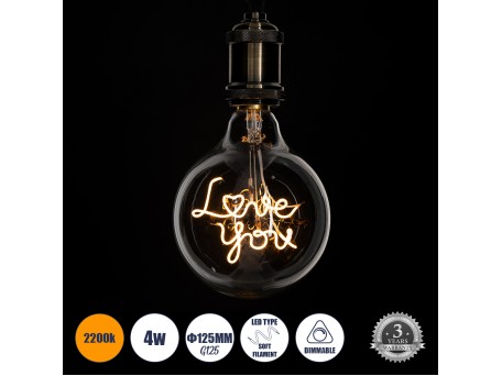 GLOBOSTAR® LOVE YOU 99261 Λάμπα E27 G125 LED 4W 340lm 360° AC 220-240V IP20 Ultra Θερμό Λευκό 2200K Dimmable - Filament Chip - Διάφανο - Μ12.5 x Π12.5 x Υ18cm - 3 Χρόνια Εγγύηση